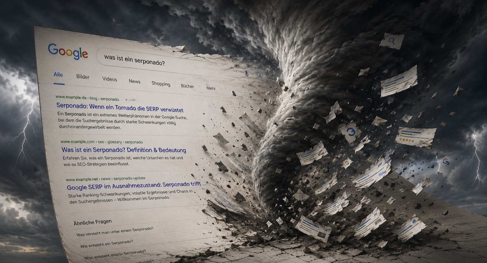Serponado-Illustration: Ein Tornado fegt über eine Google-Suchergebnisseite zur Frage „was ist ein serponado?“ und wirbelt die Suchergebnisse durcheinander